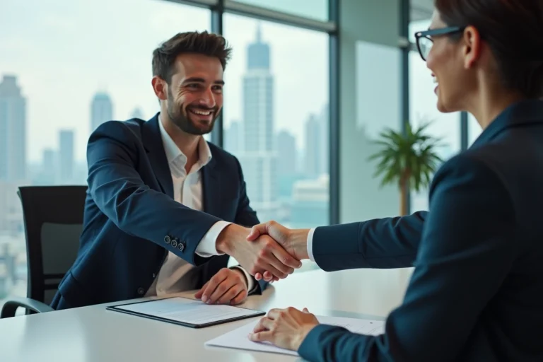Jeune homme serrant la main d'une femme en bureau moderne
