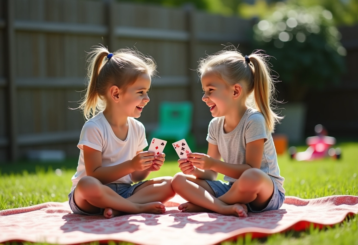 Deux soeurs jouant aux cartes dans le jardin en été