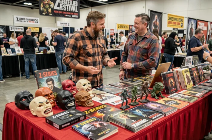 Stand de collection dédié aux séries Z lors d'un festival de cinéma de genre, avec masques de monstres, affiches rétro et figurines cultes exposés sur une table