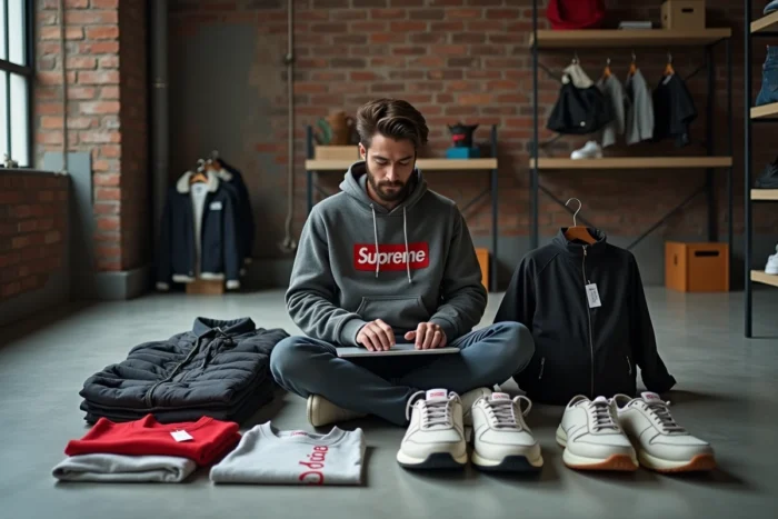 Jeune homme entouré de vêtements de marque à revendre sur une plateforme de seconde main, assis dans un loft urbain minimaliste