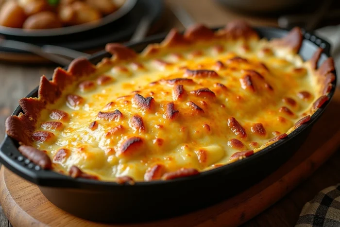 Une grande tartiflette au reblochon fondu en format XL dans un plat à gratin ovale, avec pommes de terre et lardons gratinés