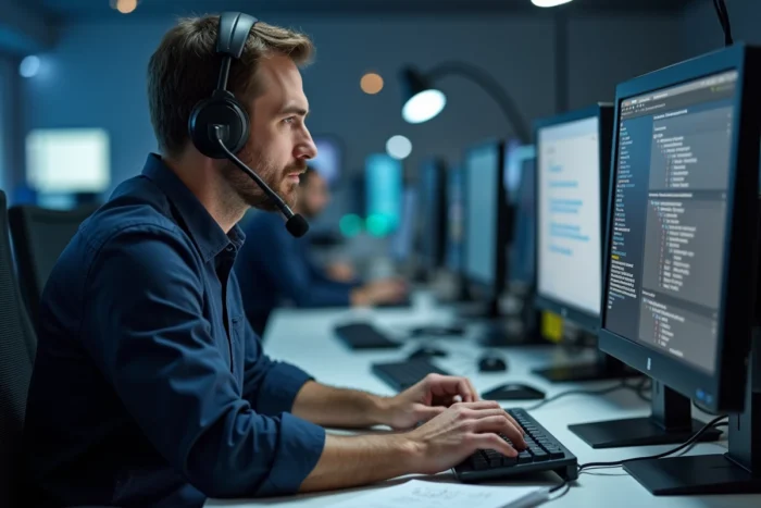 Technicien informatique résolvant un problème de configuration webmail sur plusieurs écrans dans un espace de support IT