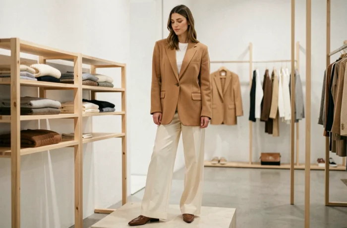 Femme élégante en blazer camel oversize et pantalon large crème dans une boutique de mode minimaliste