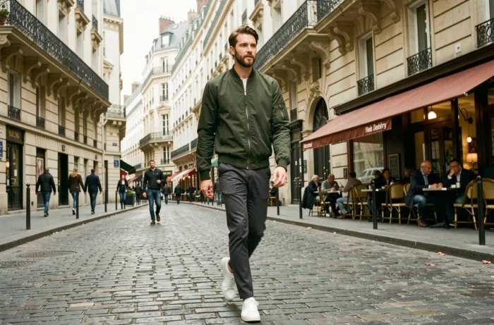 Homme en bomber vert et chinos slim marchant dans une rue pavée parisienne avec immeubles haussmanniens