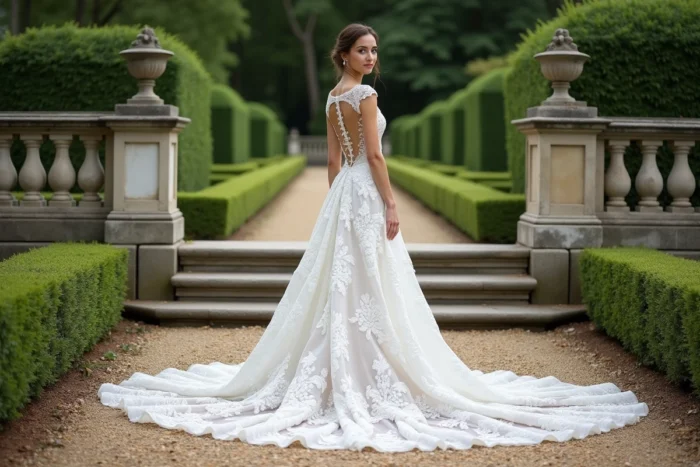 Robe de mariée avec traîne en dentelle Chantilly déployée sur les marches en pierre d'un jardin de château français