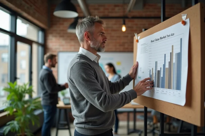 Urbaniste analysant des graphiques de tendances du marché immobilier dans un bureau moderne