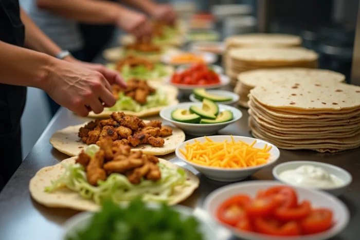 Un buffet libre-service de wraps avec tortillas, poulet grillé et une rangée de garnitures colorées dans de petits bols sur un comptoir de cuisine