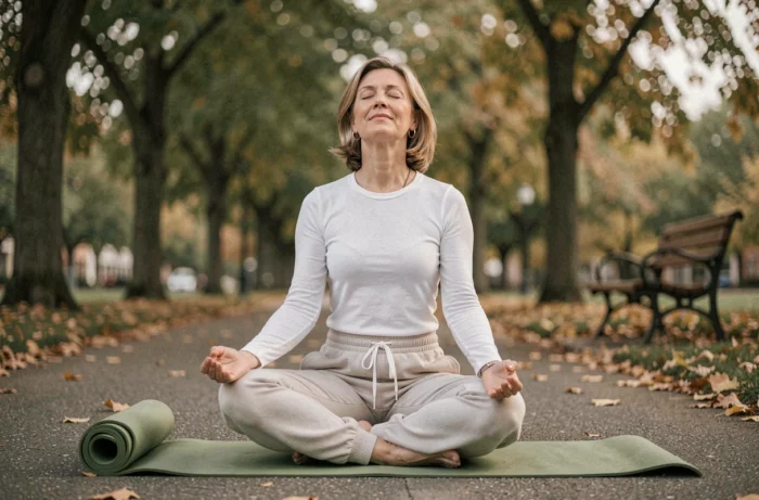 Mulher praticando yoga ao ar livre em um parque para prevenir doenças comuns por meio de soluções naturais e atividade física leve